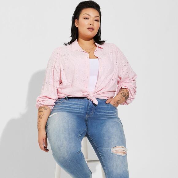 TORRID Eyelet Button Up Long Sleeve Shirt Orchid Pink {3T32} - Picture 1 of 5